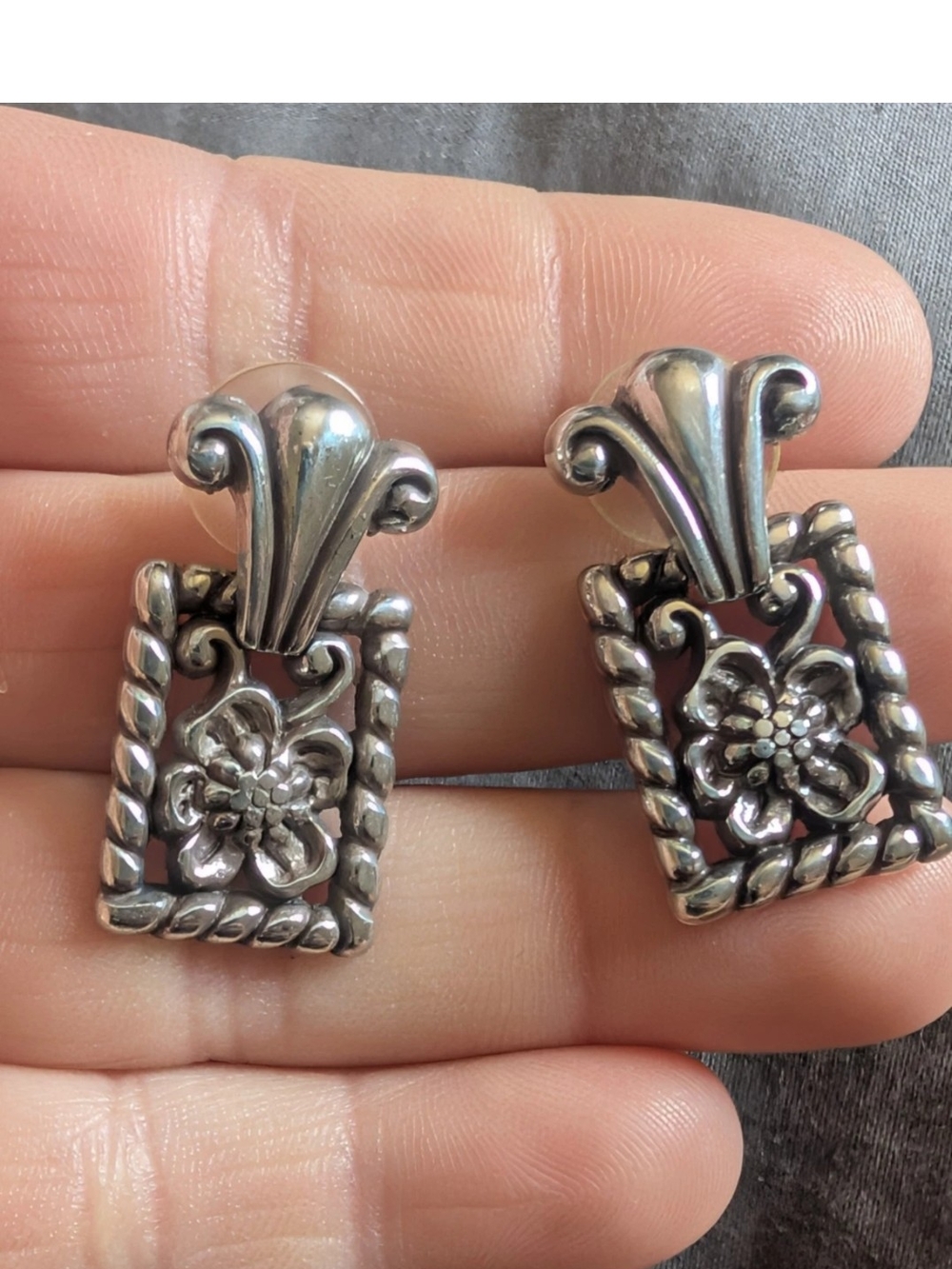 Vtg Brighton Silver Tone Openwork Floral Dangle Doorknockers Panel Earrings